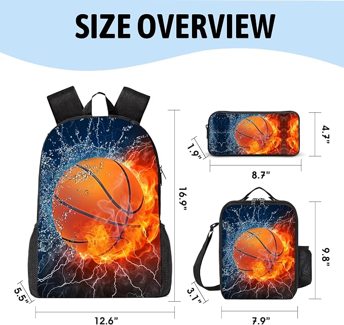 3PCS Basketball Backpack for Boys Girls Teens, School Backpack with Lunch Box Pencil Case for Elementary Middle High Students, 17 Inch Lightweight Bookpack 3 in 1 Set Back to Shool Supplies for Kids