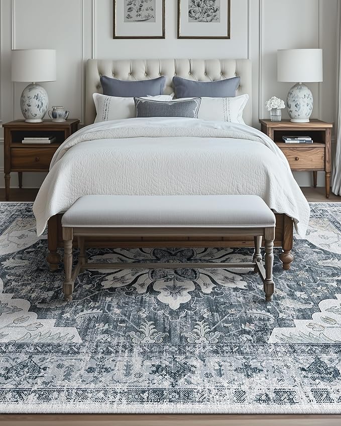RELEANY Area Rugs 6'x9' Washable Non-Slip, Floral Vintage Distress Medallion Carpet for Living Room Bedroom Dining Room, Light Gray Grey White