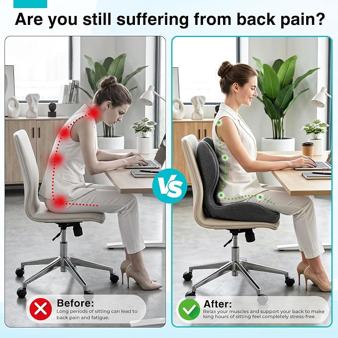 Seat Cushion for Office Chair and Car, L-Shaped Memory Foam Seat Cushion, Ergonomic Sciatica & Tailbone Pain Relief Cushion with Non-Slip Breathable Cover, Back Support for Office Chair-Dark Gray