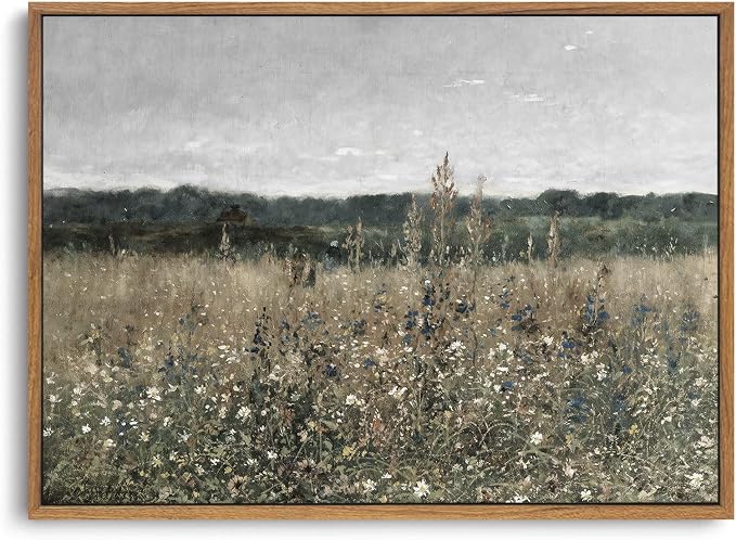 OIQArtOIQ Vintage Framed Wall Art Wildflower Field Meadow Canvas Art Prints Rustic Farmhouse Landscape Pictures Wall Decor Modern Cottagecore Paintings Artwork For Bedroom Bathroom Office Living Room