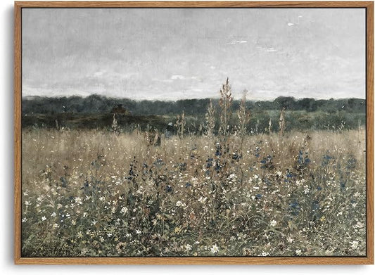 OIQArtOIQ Vintage Framed Wall Art Wildflower Field Meadow Canvas Art Prints Rustic Farmhouse Landscape Pictures Wall Decor Modern Cottagecore Paintings Artwork For Bedroom Bathroom Office Living Room