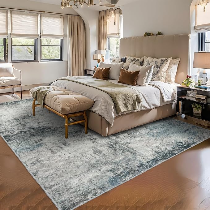 RUUGME Washable Abstract 8X10 Rug: Living Room Area Rugs Non-Slip Backing Neutral Stain Resistant Carpet for Bedroom Farmhouse Large Soft Indoor mats for Dining Room Office Entry 8X10 Blue