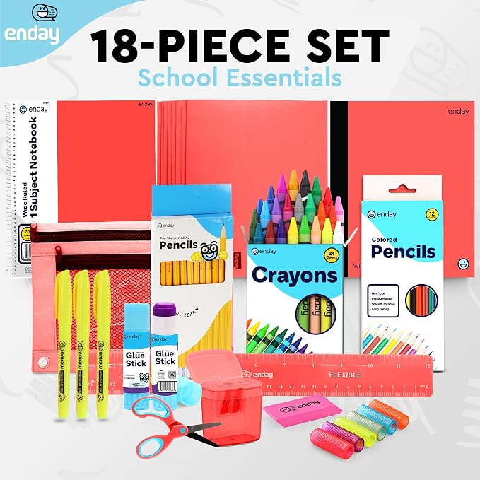 Enday Back to School Supplies for Kids, Red School Supply Box Grades K-5, Premium Quality Kids School Supplies Kit, Kindergarten School Supplies for Girls and Boys, 71 Piece Set