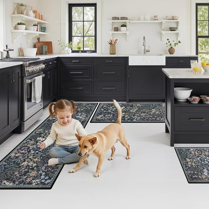 GRANNY SAYS Boho Kitchen Rug Sets of 3, Non Slip Washable Faux Wool Kitchen Mats for Floor, Thick Soft Anti-Fatigue Comfort Standing Mat Runner Rugs for Hallway Laundry Room, Black Flower