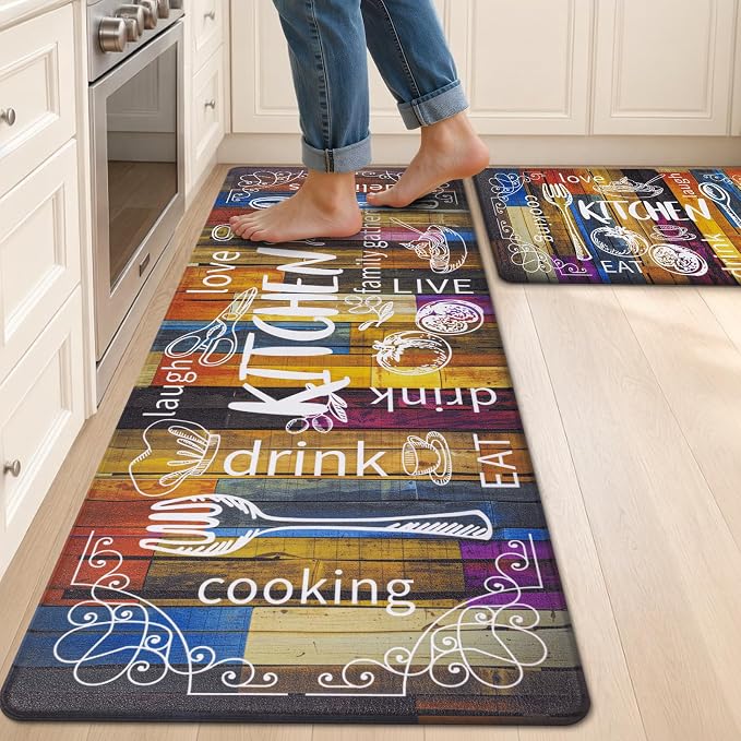 HEBE Anti Fatigue Kitchen Rugs Set of 2, Non Slip Cushioned Kitchen Mats for Floor, Waterproof Farmhouse Comfort Standing Desk Mat for Kitchen Sink,Office,Laundry