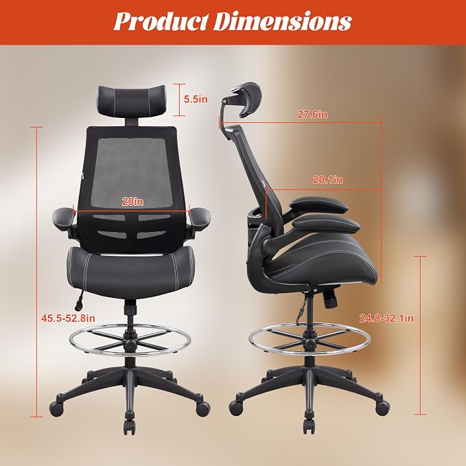 BOLISS Tall Ergonomic Office Chair, Sustainable Tech-Leather Drafting Chair with Adjustable Foot Ring, 90° Flip-Up Arms Space Saving Mesh Computer Desk Chair for Standing Desk Executive Work 8+ Hours