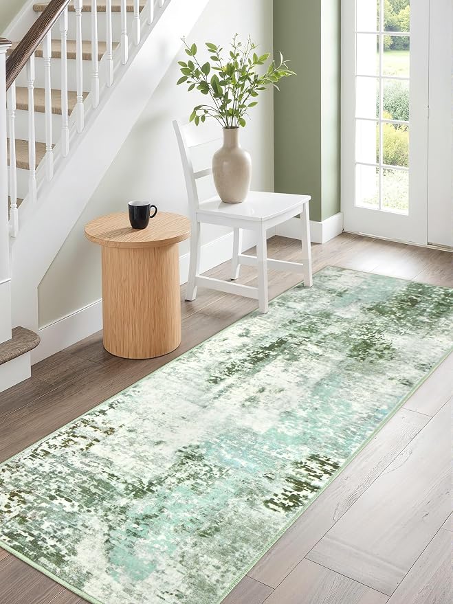 Macgace Washable Abstract Runner Rug, 2x6 Modern Area Rugs with Non-Slip Rubber Backed for Kitchen, Thin but Soft Contemporary Carpet Bedroom Entryway Hallway Decor, Green