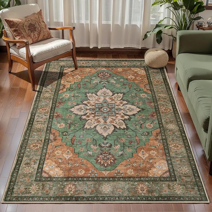 Tangsoo 3x5 Washable Rug Indoor Area Rugs, Vintage Non Slip Accent Rug Carpet, Boho Soft Low Pile Rugs for Living Room Dorm Bedroom Bedside Entryway Bathroom Home Decor Burnt Orange Green