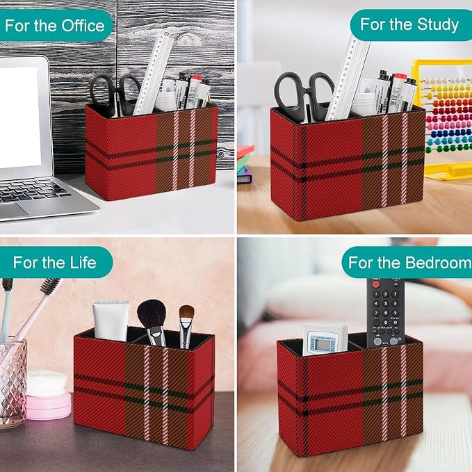 Red Green Tartan Plaid Pattern Scottish Cage PU Leather Pen Holder Desk Organizer, 2-Compartment Pencil Container for Office, Home, Vanity Use