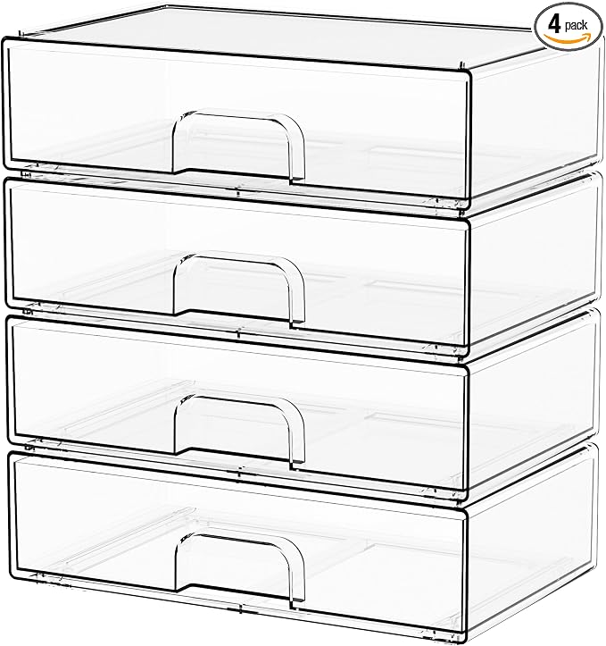 12.1''W Clear Stackable Storage Drawers,4Pcs Acrylic Drawer Organizer for Hair Accessories,Makeup Organizers,Plastic Office Supply Organizer for Pen,Pencil,Medicine,Accessory,Craft Organization