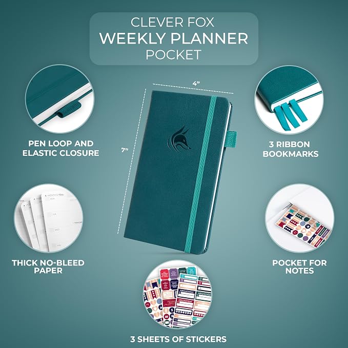 Clever Fox Pocket Planner Weekly – Undated Monthly Goal Planner and Calendar, Mini Planner Perfect for Purse, 3.7x6.7" (Dark Teal)