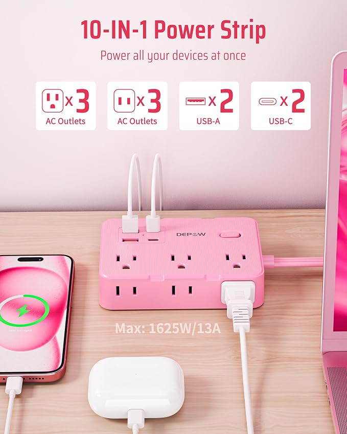 DEPOW Pink Power Strip, 5FT Extension Cord with 6 AC Outlets（1625W/13A 4 USB Ports (2 USB C), 1050J Surge Protector, Flat Plug Wall Mountable Charging Station for Dorm Room Desk Bedroom Kawaii Decor
