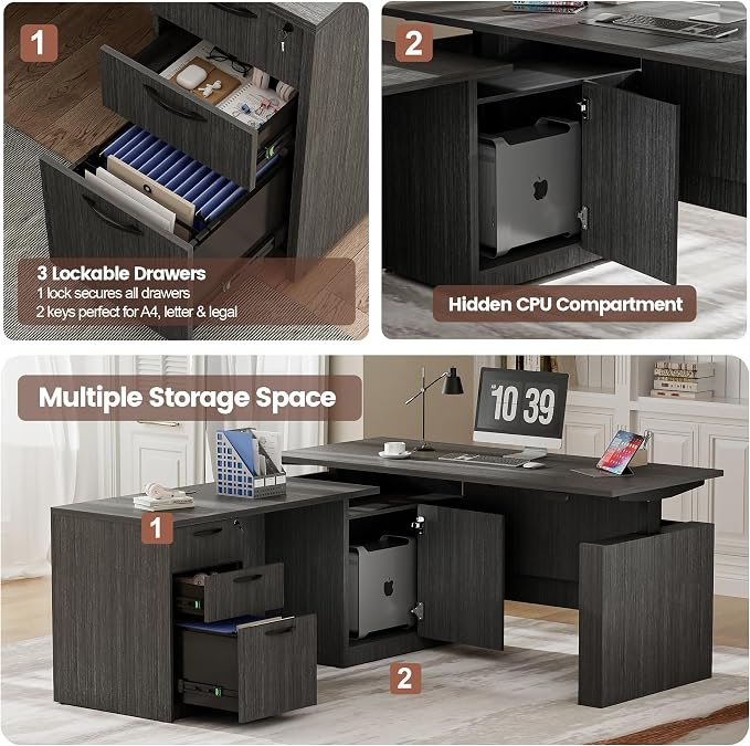 66.93'' L Shaped Executive Standing Desk with Pre-Assembled Frame & Lockable Cabinets, Height Adjustable Desk Dual-Motor Sit-Stand Workstation for Corporate & Home Office (Grey)