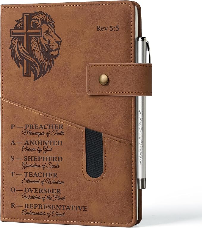 Pastor Appreciation Gift-A5 Leather Christian Church Notebook Bible Journal | Premium PU Leather, Handy Front Phone Pocket, Custom Engraved Pen, Ink-Proof 100GSM Paper, 180° Lay-Flat