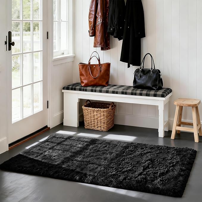 Soft Runner Rugs for Bedroom, Black 3x7 Area Rugs Fluffy Rug Shag Area Rug Carpet, Bedside Rug for Living Room Bedroom Room Home Decor