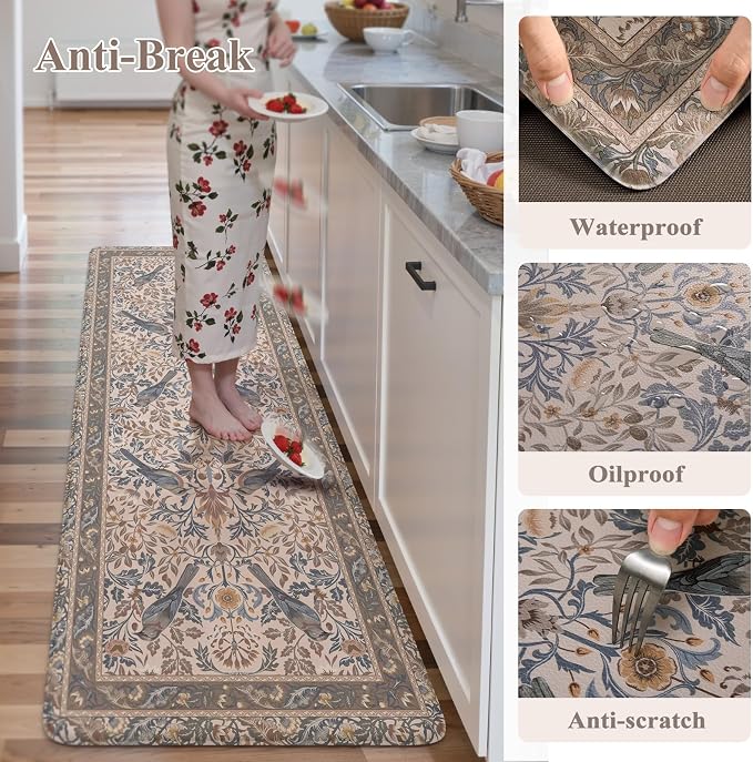 KIMODE Kitchen Mats for Floor Anti Fatigue,Cushioned Runner Rug | 23.6"x71",Khaki Beige,Floral Bird Boho Runner Rug Non Slip ,Wide Long Padded Kitchen Floor Mat for Laundry Sink Office Home