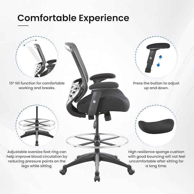 BOLISS 400lbs Mid Back Mesh Ergonomic Drafting Chair for Standing Desk Office Wide Chair Built-in Lumbar Support Big Adjustable Foot Ring Height Adjustable Armrest (Black)
