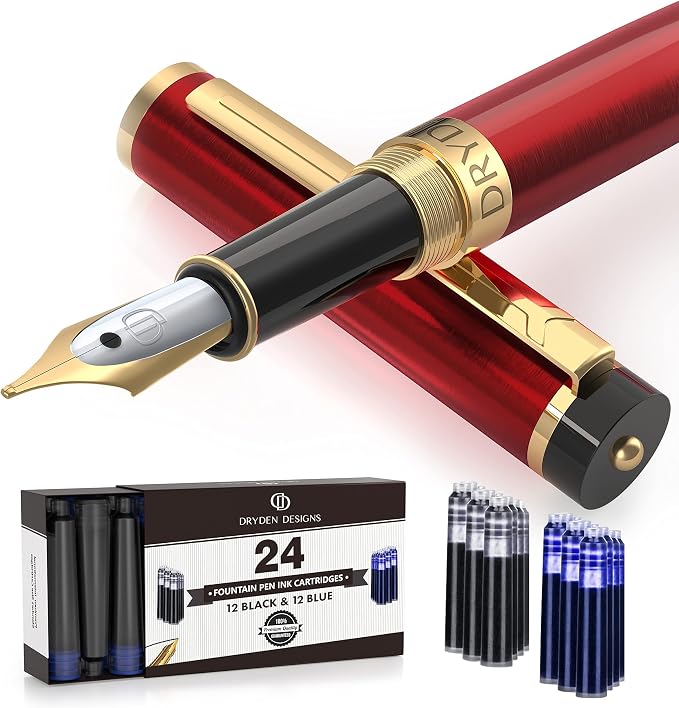 Dryden Designs Fountain Pen Medium Nib Gift Pouch - with 24 Ink Cartridges - MCM (Red)