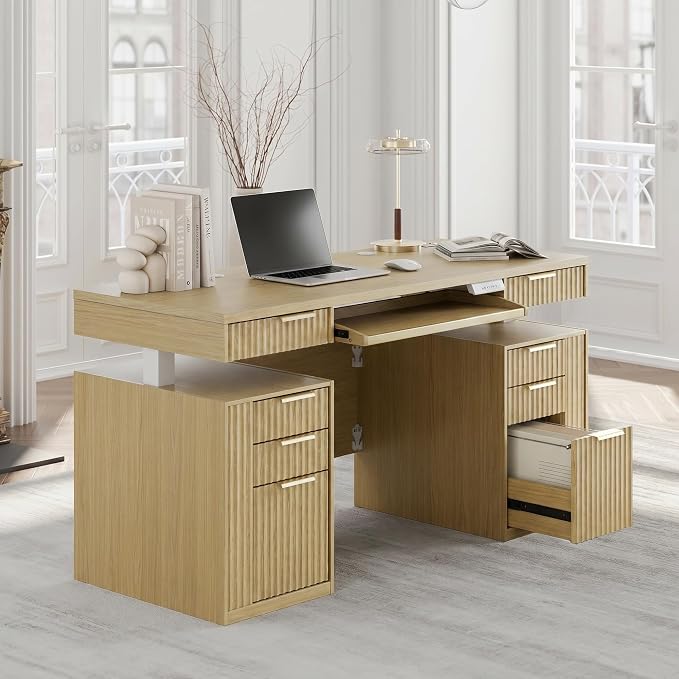 59 Inch Standing Desk with Storage Drawers, Executive Electric Height Adjustable Desk with Keyboard Tray, File Cabinet and AC/USB, Fluted Stand Up Desk with Privacy Panel, Light Walnut