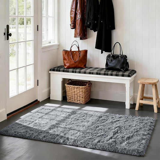 Fluffy Rug Shag Area Rug, Grey 3x5 Area Rugs for Bedroom, Small Bedside Rug, Soft Fluffy Shag Entryway Throw Rugs for Living Room Bedroom Room Home Decor