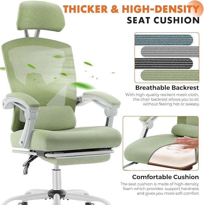 Sweetcrispy Office Computer Desk Chair, Ergonomic High-Back Mesh Rolling Work Swivel Chairs with Wheels, Comfortable Lumbar Support, Comfy Arms for Home, Bedroom, Study, Student, Green