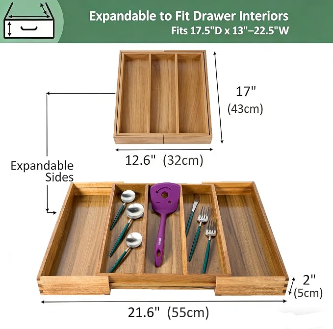 Utoplike Acacia Kitchen Drawer Organizer Expandable, Utensils Cutlery Tray | Large Silverware Divider for Knives, Flatware, Knives in Kitchen, Bedroom, Living Room, Adjustable 3-5 Slots