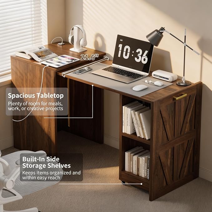 Foldable Desk with Charging Station, Rolling Home Office Desk with Storage Shelf, Pull-Out Computer Table for Small Spaces, Bedrooms, Apartments, and Dorms, Walnut
