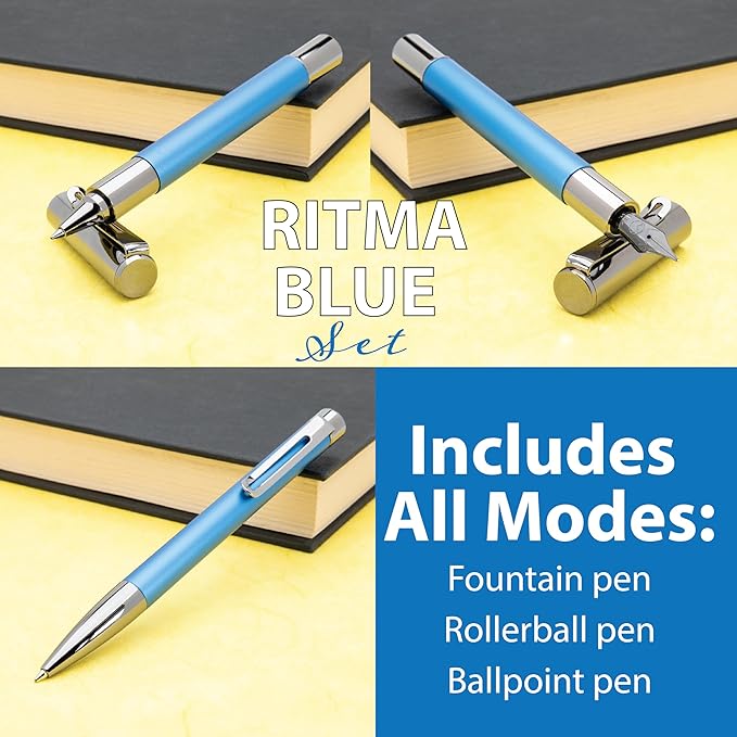 Monteverde Ritma 3+2 Piece Gift Set, Blue - Includes Flex Nib Fountain Pen, Rollerball, Ballpoint, 30ml Ink & Refill - Ideal for Creative Writers & Collectors