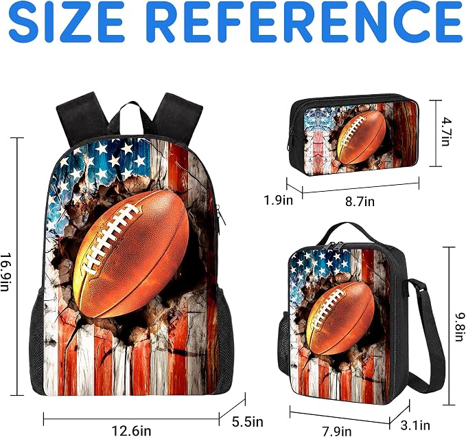 3PCS Football Backpack for Boys Girls Teens, School Backpack with Lunch Box Pencil Case for Elementary Middle High Students, 17 Inch Lightweight Bookpack 3 in 1 Set Back to Shool Supplies for Kids