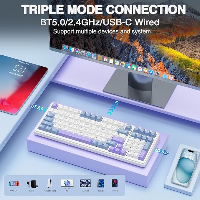Aula F99 Wireless Mechanical Keyboard,Tri-Mode BT5.0/2.4GHz/USB-C Hot Swappable Custom Keyboard,RGB Backlit Gaming Keyboard for PC/Tablet/Xbox/PS4/PS5 (Renewed)