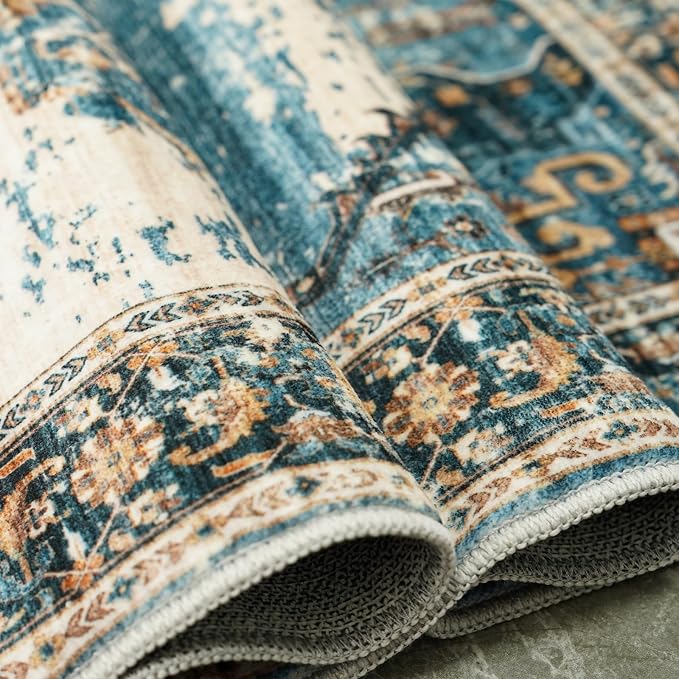 Washable 10x14 Area Rugs - Large Rugs for Living Room Stain Resistant Carpet Vintage Rugs for Bedroom with Non Slip Backing Home Decor Floor Decoration Mat 10x14 Blue