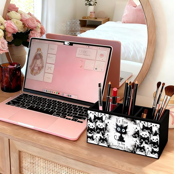 Funny Black Cat Pen Pencil Holder for Desk, Funny Office Gifts for Coworkers, Black Cat Gifts for Women, It's Fine Everything Is Fine Wooden Box Sign Decorations for Home Office Desk Tabletop