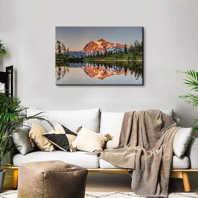 National Park Scenery Canvas Wall Art for Living Room, Sunset Nature Mountain Landscape Prints Picture Decor 24x36" Mount Baker Forest Lake Reflection Modern Painting Framed Artwork Bedroom Decoration