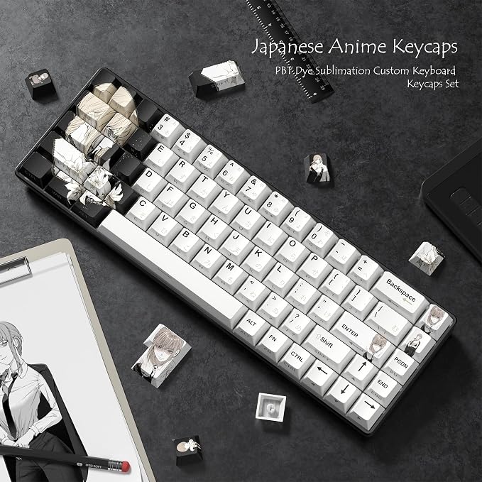 Rainy Japanese Anime Keycaps 60 65 75 100 Percent,Cherry Keycaps130 Keys PBT Dye Sublimation Custom Keycaps Set for Mechanical Keyboard 61/64/75/84/87/104/108 Layout with Key Pulle (Black)