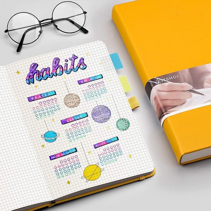 EMSHOI Graph Paper Notebook - 256 Pages A5 Graph Notebook/Journal, Square Grid Notebooks for Work, 120gsm Thick Paper, Executive Hardcover Leather, Inner Pocket, Pen Loop 5.75'' × 8.38''-Yellow