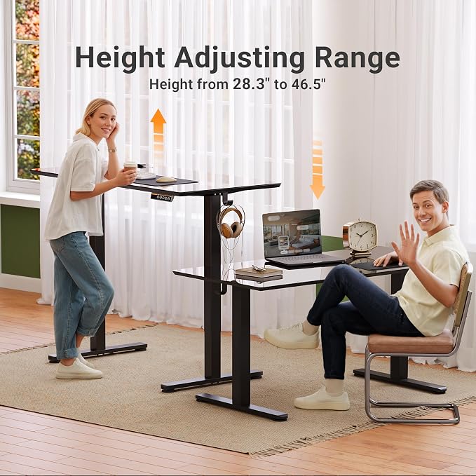Claiks Glass Standing Desk, 40x24 Inch, Super Black | Adjustable Height, Tempered Glass Top, Stand Up, Quick Install, 3 Memory Presets