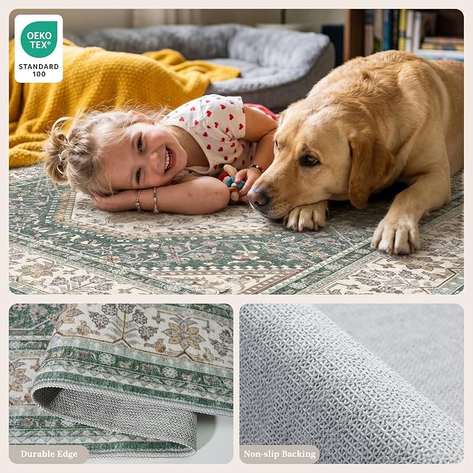 3x12 Runner Rug for Hallway Washable: Non Slip Kitchen Rugs with Rubber Backing Soft Waterproof Mats Stain Resistant Indoor Vintage Carpet Runner for Bedroom Bathroom Laundry Entryway Green/Beige