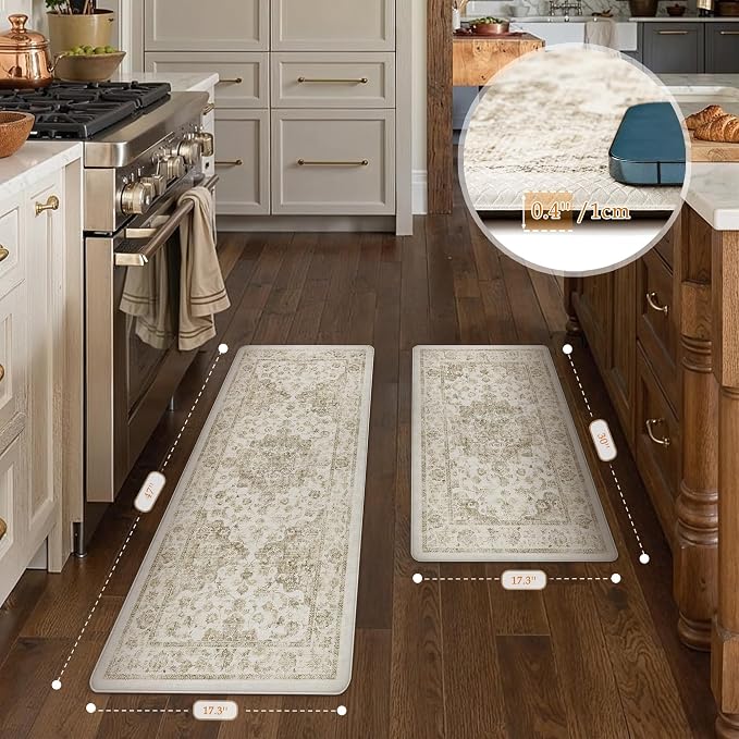 Anti Fatigue Kitchen Mats 2PCS Brown Neutral Mats for Cushioned Vintage Kitchen Matss for Floor Non-Slip Waterproof Comfort Standing Rug for Sink Laundry Office 17.3"×47"+17.3"×30"