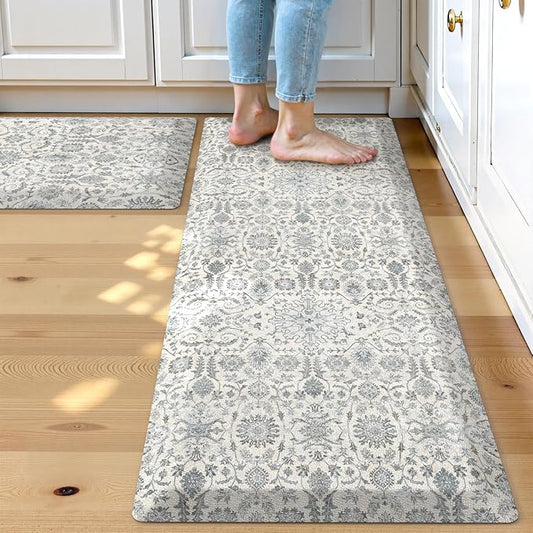 Collive Anti Fatigue Mats for Kitchen Floor, Cushioned Non Skid Kitchens Rug Sets of 2 Waterproof Padded Sink Rugs, Boho Floral Rug Comfort Standing Mat for Home Office, 17.3"x28" + 17.3"x47"