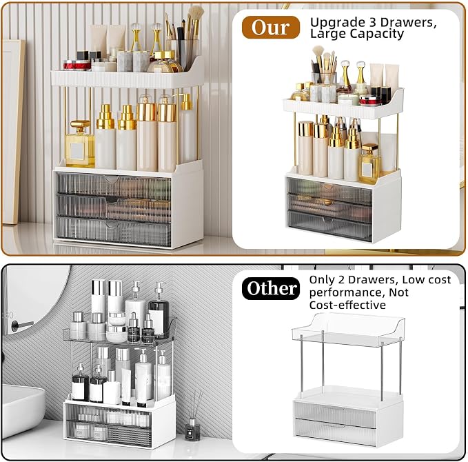 StorBin Arcylic 5-Tier Makeup & Skincare Organizer for Vanity, Bath | Smooth 3 drawers, clear body, gold frame, non-slip, for perfumes, serums, face masks, palettes, vanity & bath counter,Grey