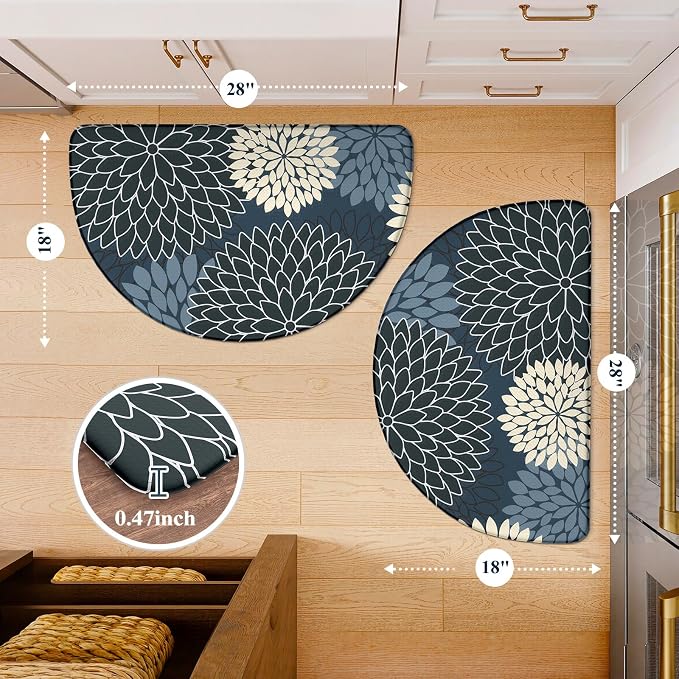 KIMODE Half Circle Kitchen Mats for Floor Cushioned Anti Fatigue Semi Round | Half Round,Dahlia Boho,Blue,Kitchen Rug Set of 2,Non Slip ,Waterproof Sink Floor Mat Carpet Decor for Laundry Bathroom