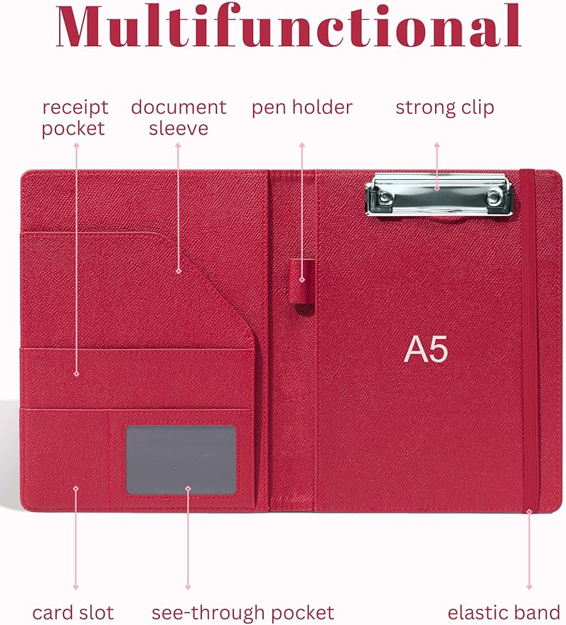 Mymazn Junior Padfolio Portfolio Folder, Small A5 Clipboard with Cover for 5'' x 8'' Writing Pad Notepad Holder for Business Office Men Women (Red)