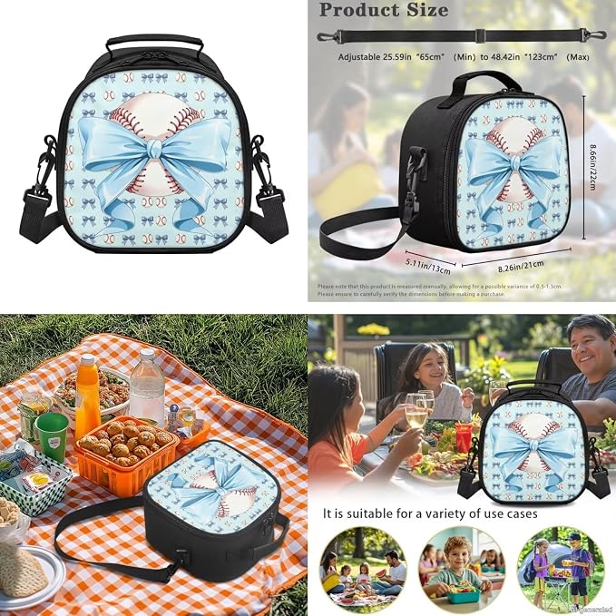 WELLFLYHOM 4 PCS Blue Bow Baseball Backpack for Girls Ages 7-8 | Matching School Bag with Lunch Bag, Pencil Case and Water Bottle Sleeve, Lightweight Daily Storage Backpack for Young Girls