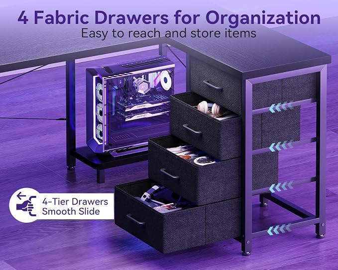 AODK 67" L Shaped Gaming Desk with 4 Drawers and Power Outlets, Black | USB Ports, PC Tower Stand, Hooks, Reversible Corner Layout for Gaming Rooms, Bedrooms and Home Office