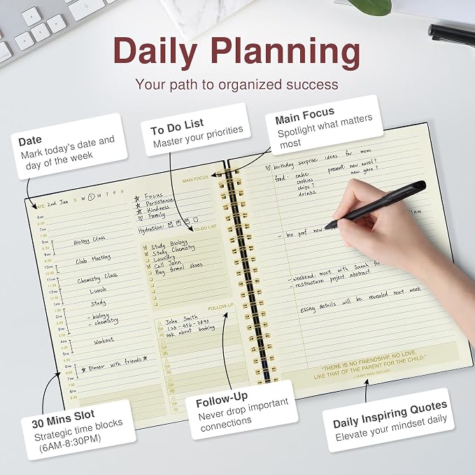 AuroPlanner Undated Daily Planner To Do List Hourly Schedule 2028 2027 2026 Calendar & Holiday Habit Tracker 180 Pages Letter Size 8.5" x 11" Sheets Hardcover Spiral Bound Notebook (Red)