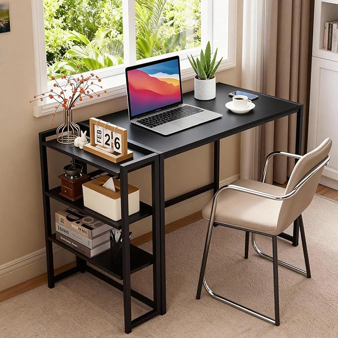GarveeLife 35 inch Folding Desk Writing Computer Desk with Storage Shelf,Spaces Saving Writing Sturdy Table No Assembly,for for Bedroom, Home Office, Dorm, Apartment, Black