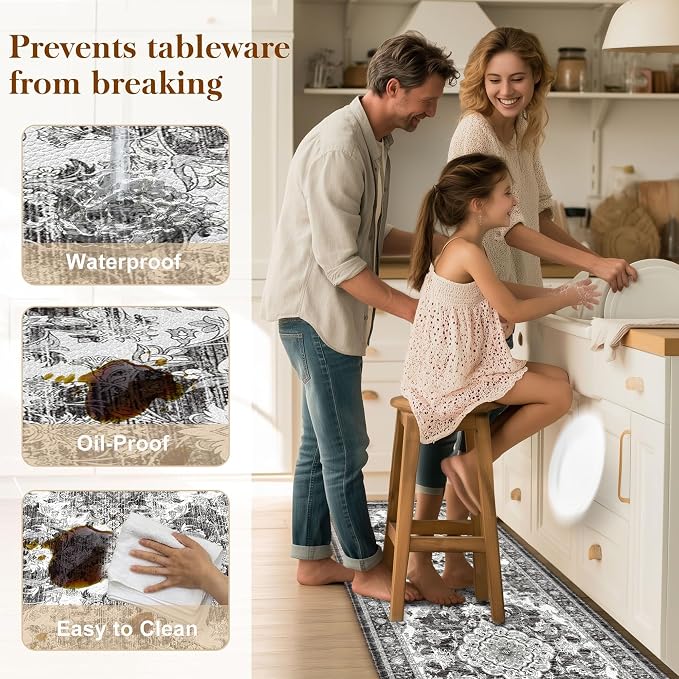 Boho Kitchen Mats for Floor 2 Piece Set Anti Fatigue Cushioned PVC Kitchen Rugs Non Slip Waterproof Farmhouse Mats 2/5 Inch Comfort Standing Mat for Sink, Laundry, 23.6"x39"+23.6"x59", Dark Grey
