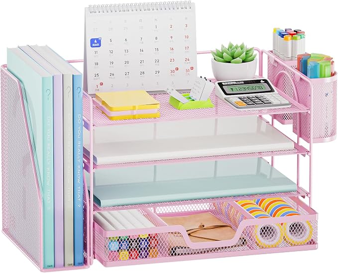 Marbrasse 4-Tier Paper Tray Organizer with Drawer and Pen Holder, Pink | Metal Mesh Desk Organizer, Built-in Drawer & 2 Pen Slots, fits letters/Files, for School Home Office Supplies