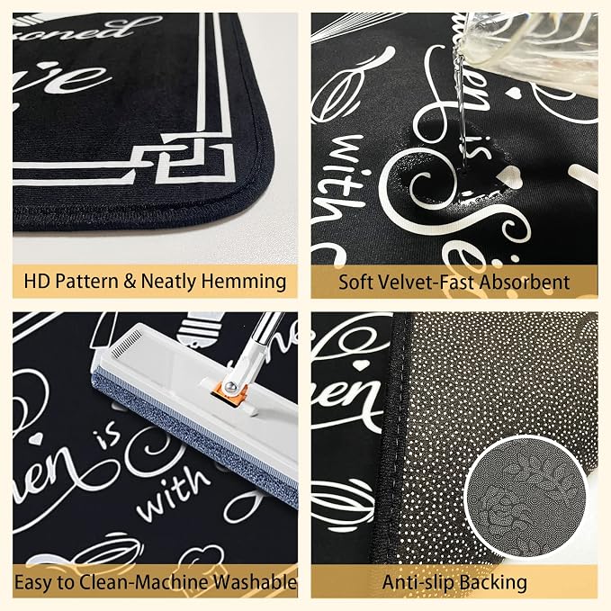Kitchen Rug Sets of 2 Piece Non Slip Kitchen Rugs and Mats Washable Kitchen Mats for Floor Kitchen Carpet Runner Rugs Decor for Laundry Bathroom Living Room,Black Kitchen Rules 20"x 59"+20"x 32"