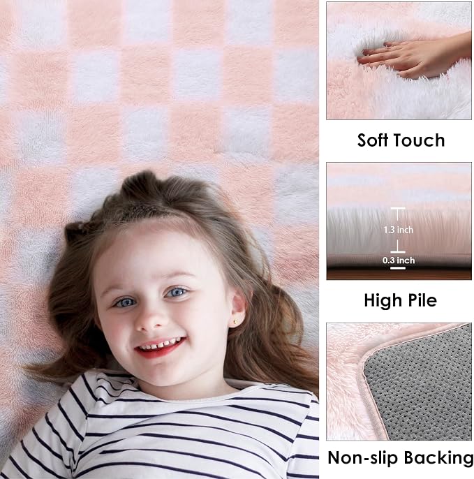 KICMOR Pink Rugs for Bedroom Girls, 3x5 Small Fluffy Soft Bedside Checkered Area Rug, Cute Fuzzy Shag Shaggy Non-Slip Indoor Floor Carpet for Living Room Kids Teen Dorm Nursery Home Decor Aesthetic